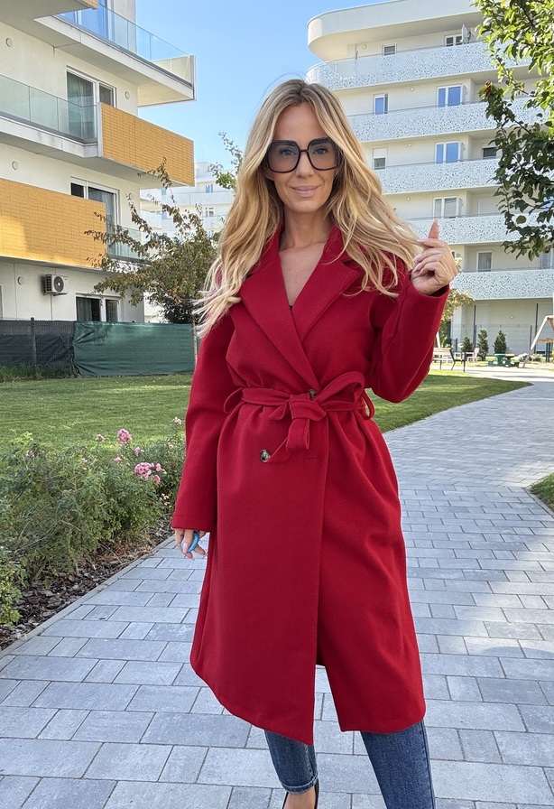 Lucilla szövetkabát– Hosszított női szövetkabát piros – Innova Fashion